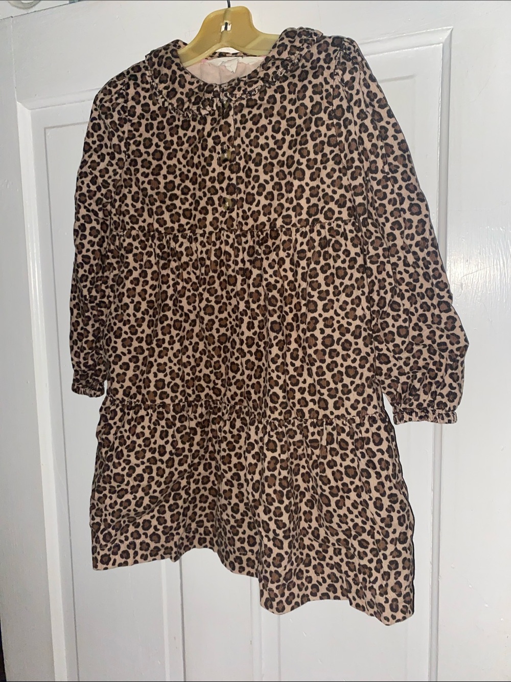 Mini Boden Girls Long Sleeve Leopard Print Corduroy Dress Sz 5-6Y
